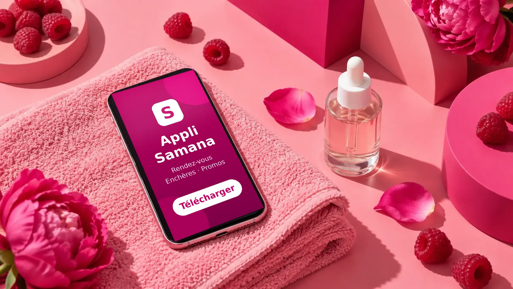 Smartphone posé sur une serviette rose, l’écran affiche l’appli Samana avec un bouton « Télécharger »