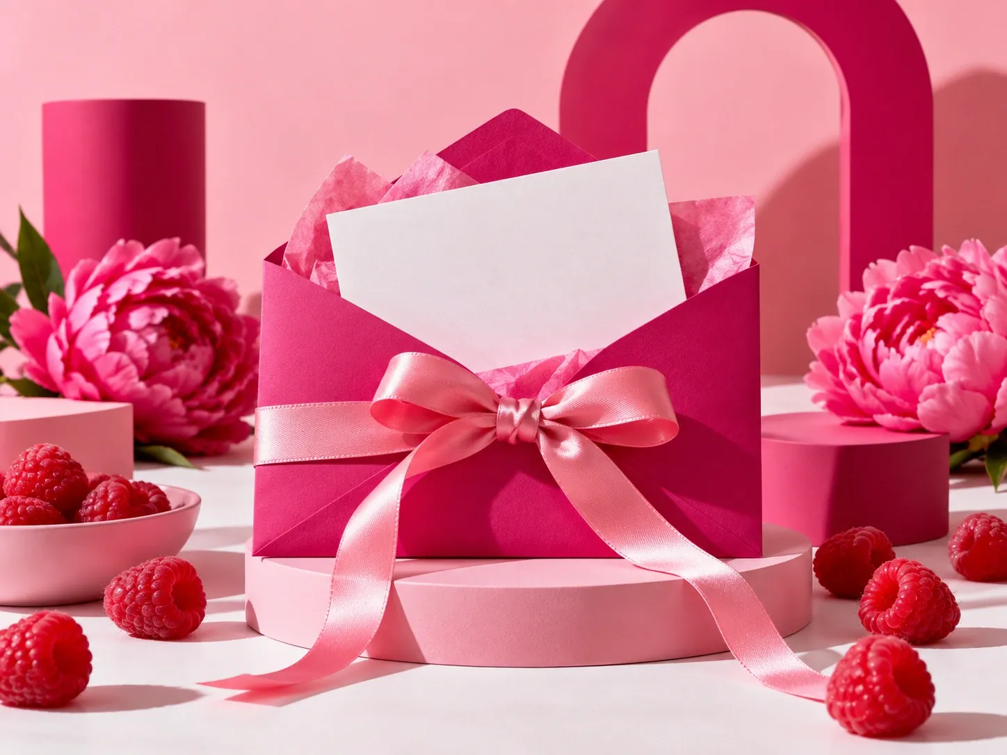 Enveloppe cadeau fuchsia nouée d’un ruban de satin rose sur fond clair