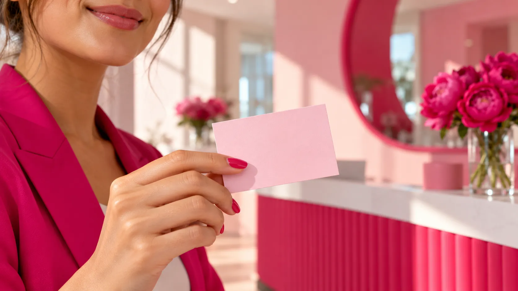 Main tenant une carte de rendez-vous rose vierge devant un accueil lumineux et moderne