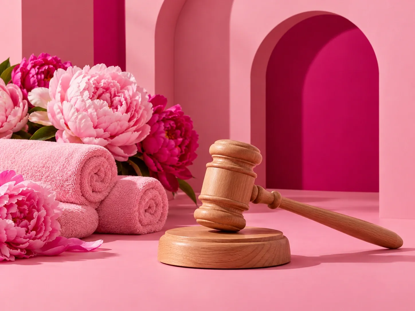 Petit marteau d’enchères en bois clair près d’une pile de serviettes roses