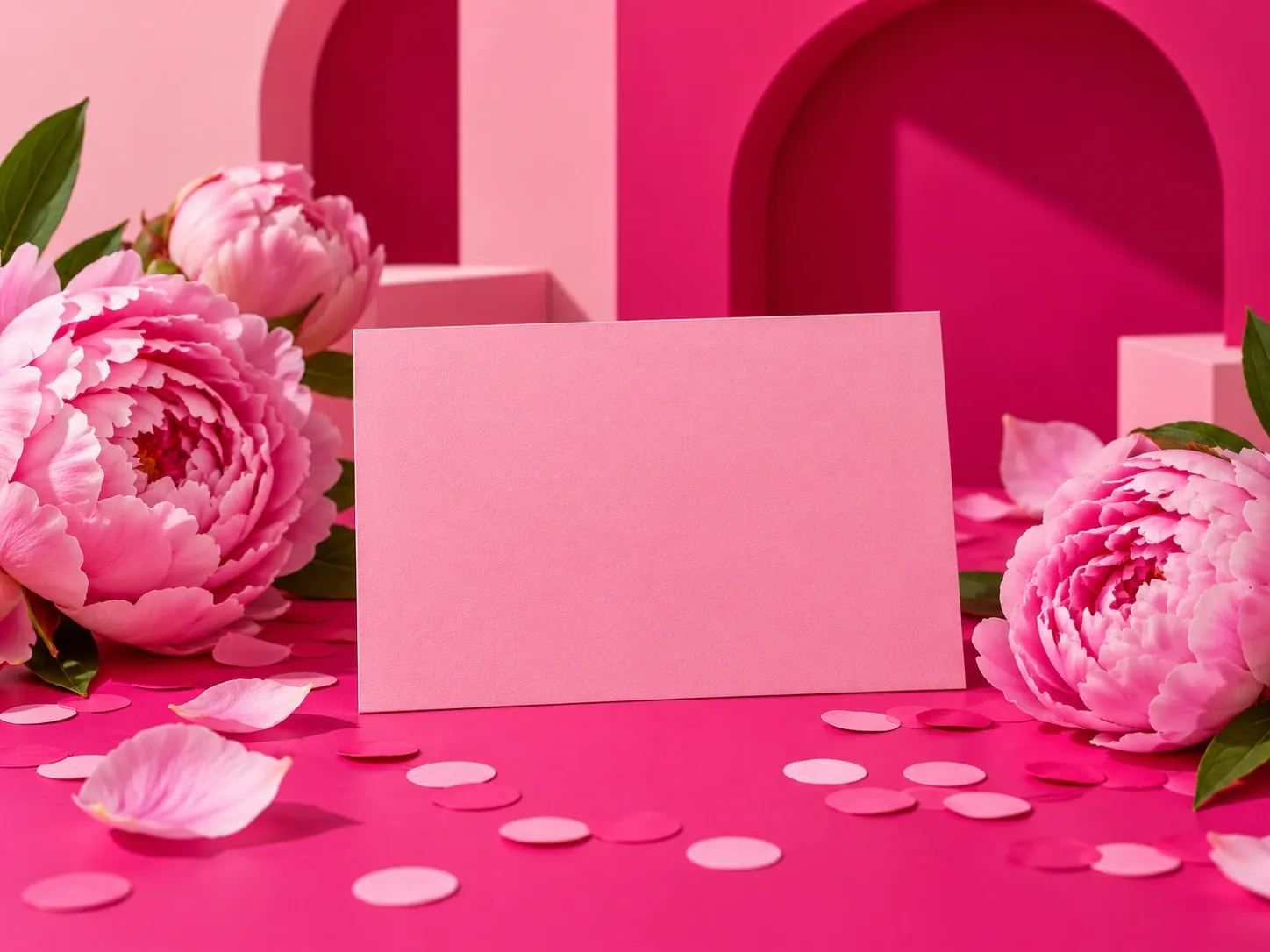 Carte rose vierge entourée de pivoines et de confettis sur fond fuchsia