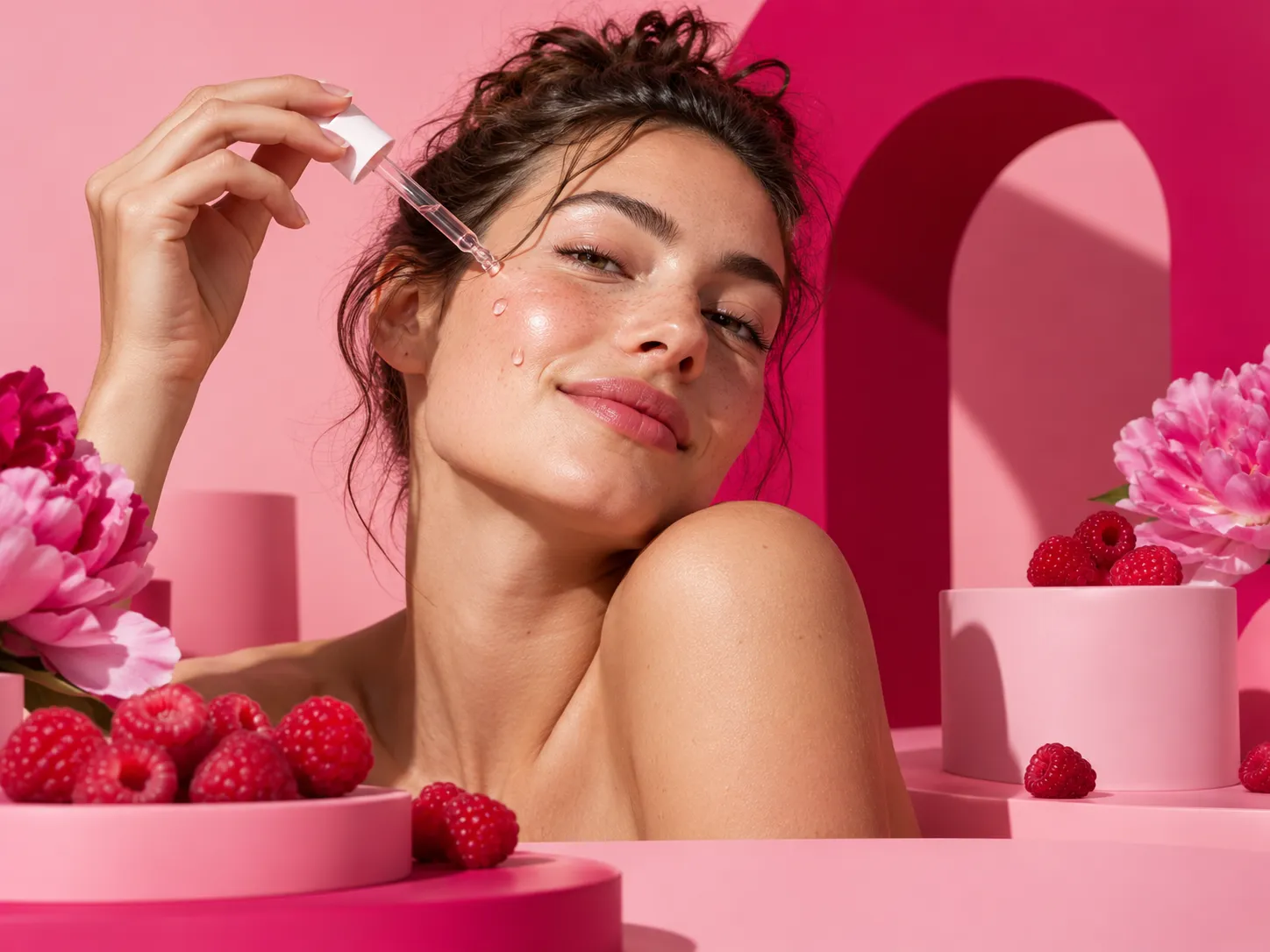Femme appliquant un sérum à la pipette sur sa joue