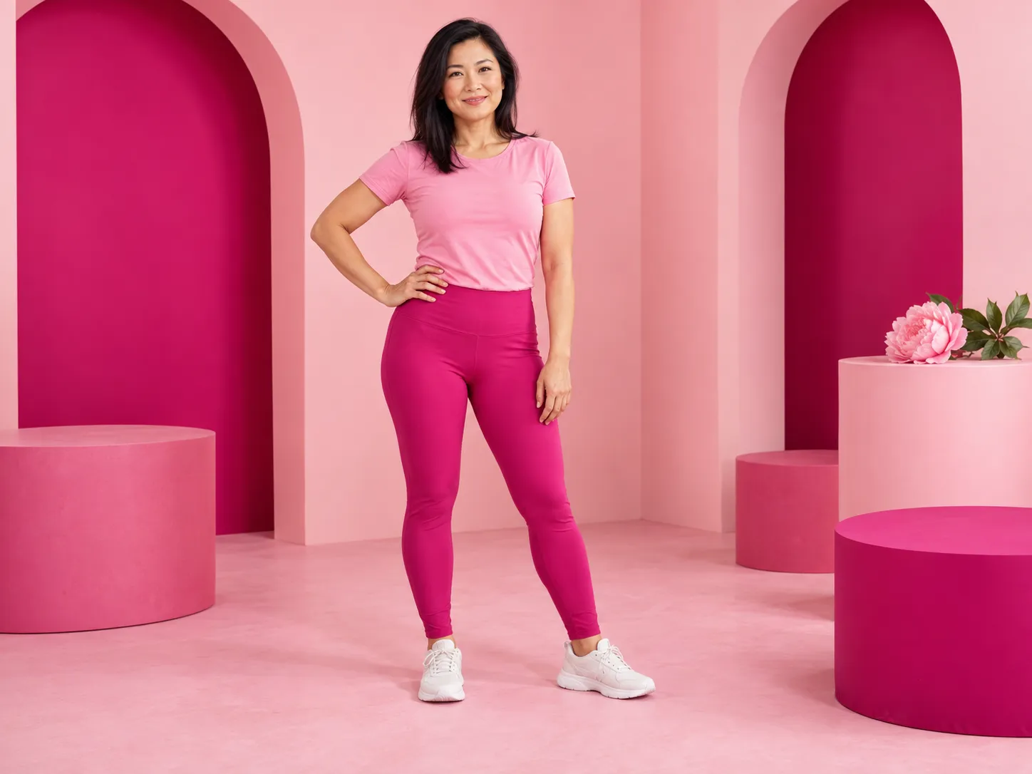 Femme en tenue de sport rose debout, main sur la hanche
