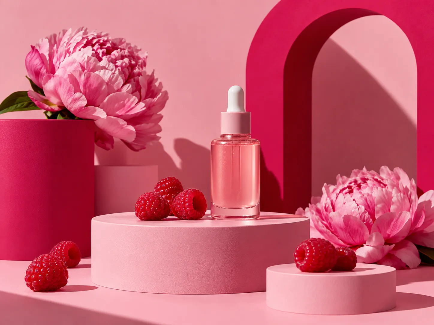Flacon de sérum sans étiquette entouré de framboises et de pivoines