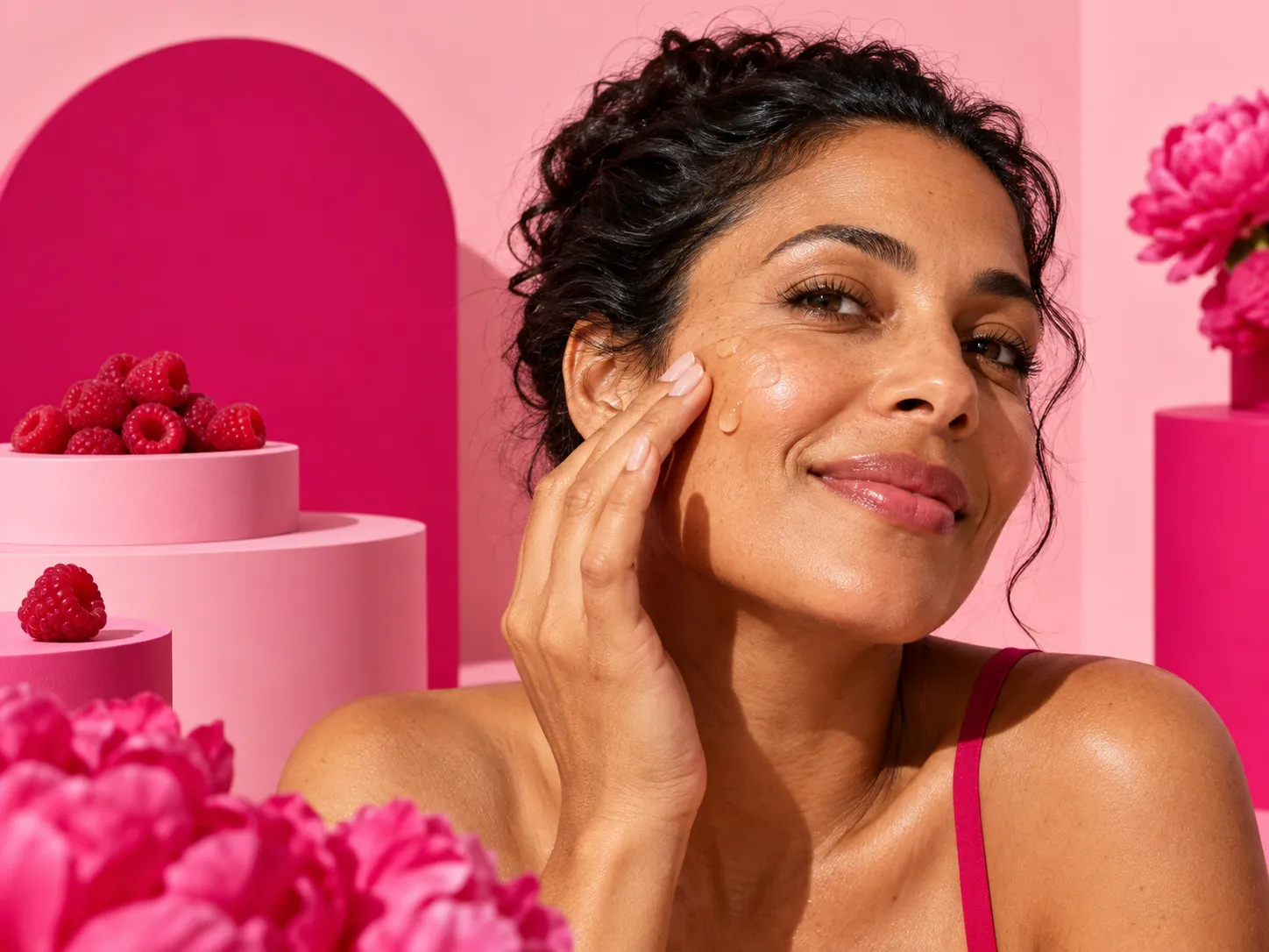 Femme souriante au teint éclatant, main sur la joue