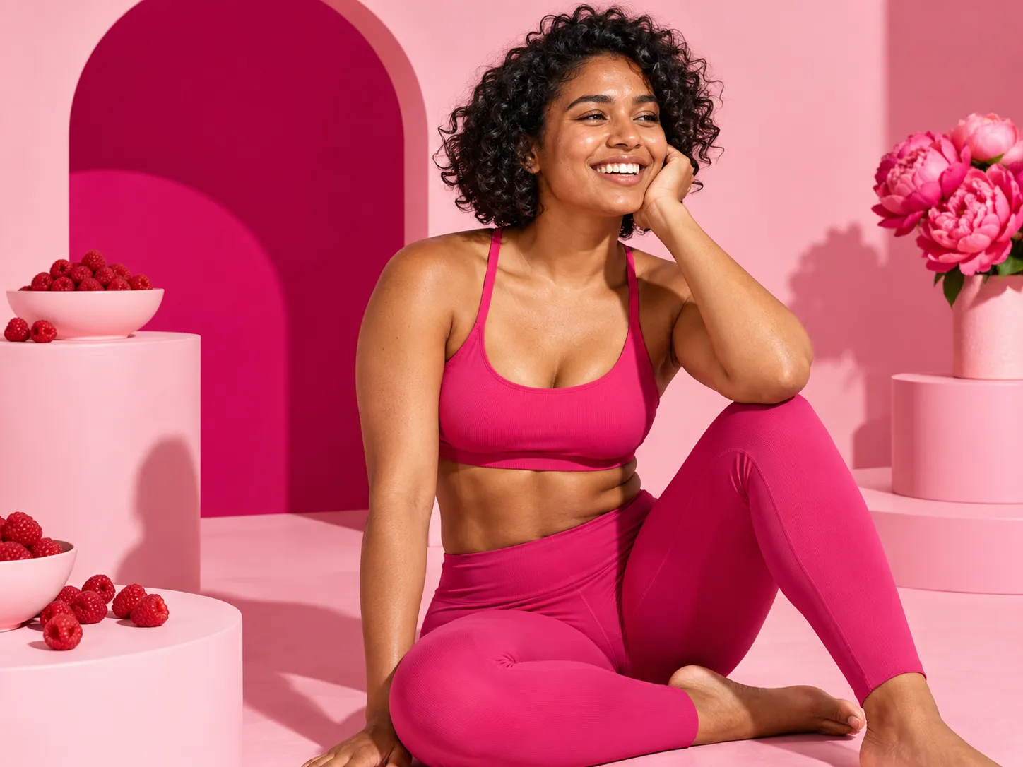 Femme sportive en brassière fuchsia assise au sol