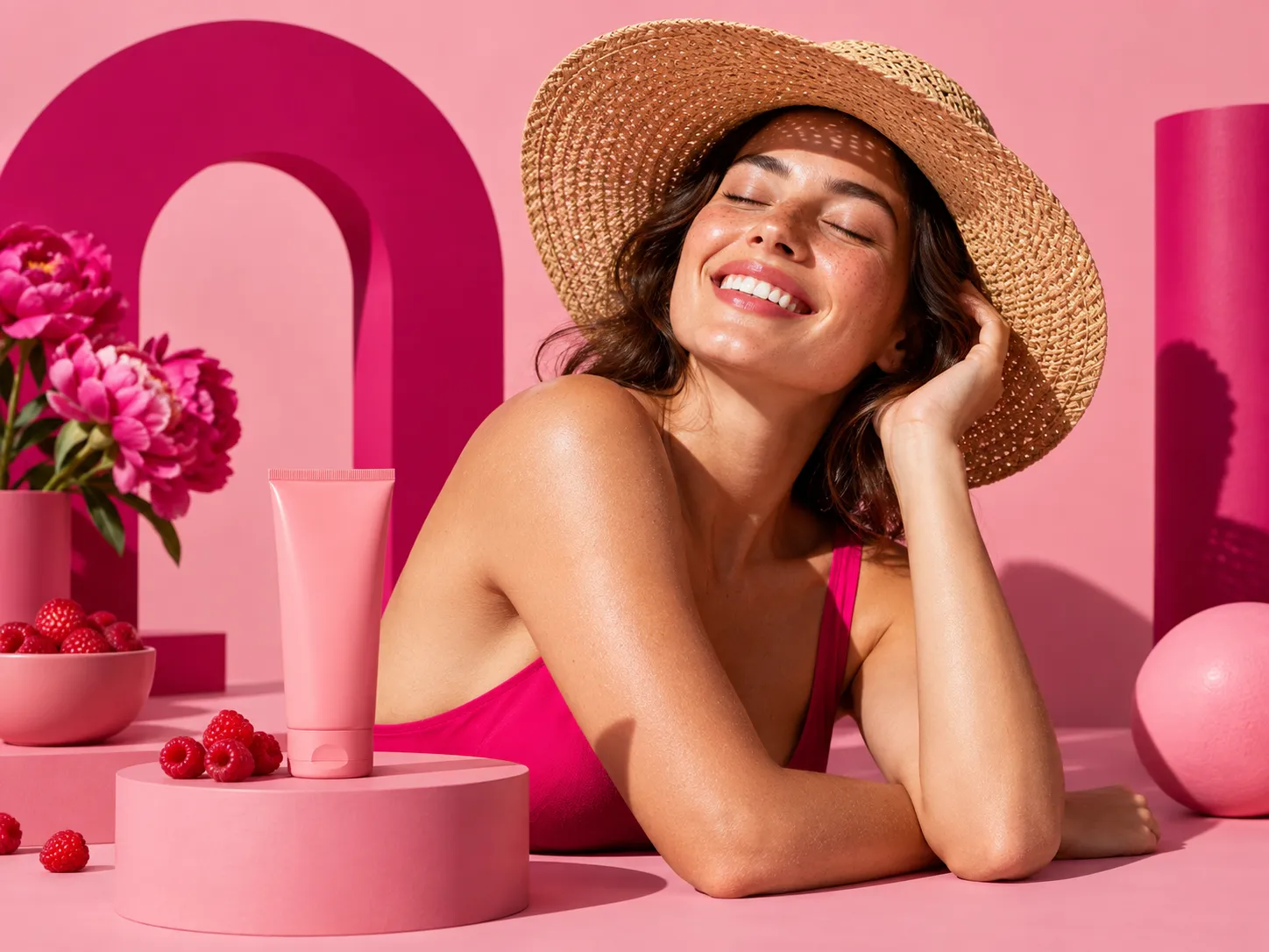 Femme souriante sous un chapeau de paille