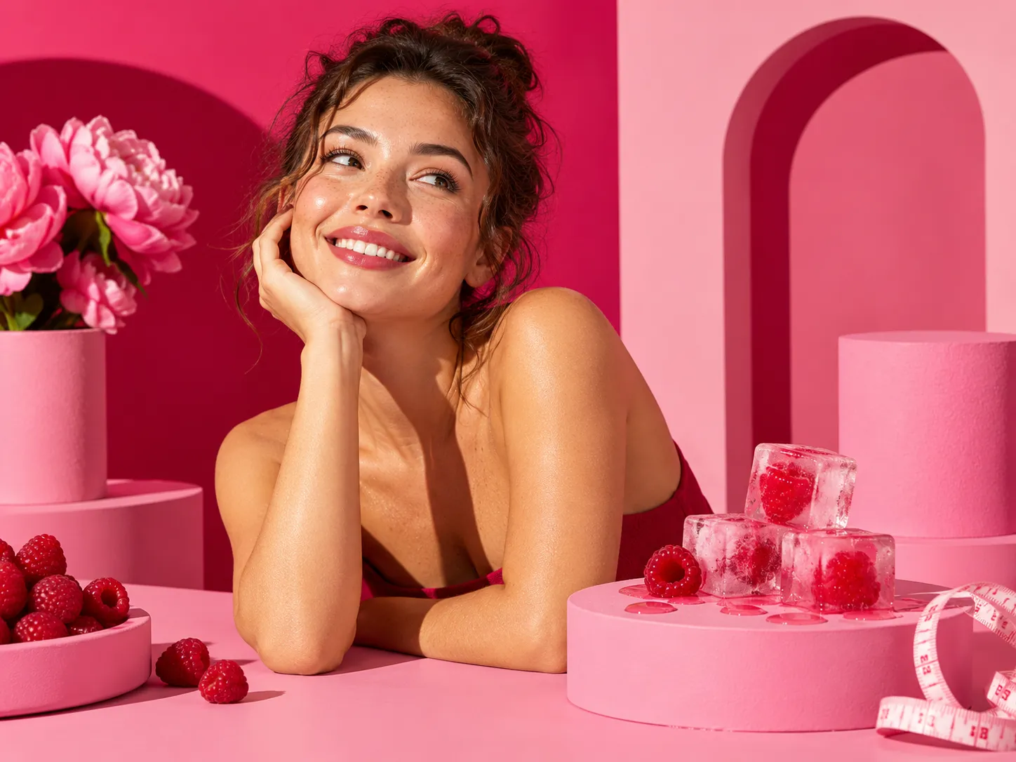 Femme souriante accoudée près de glaçons roses
