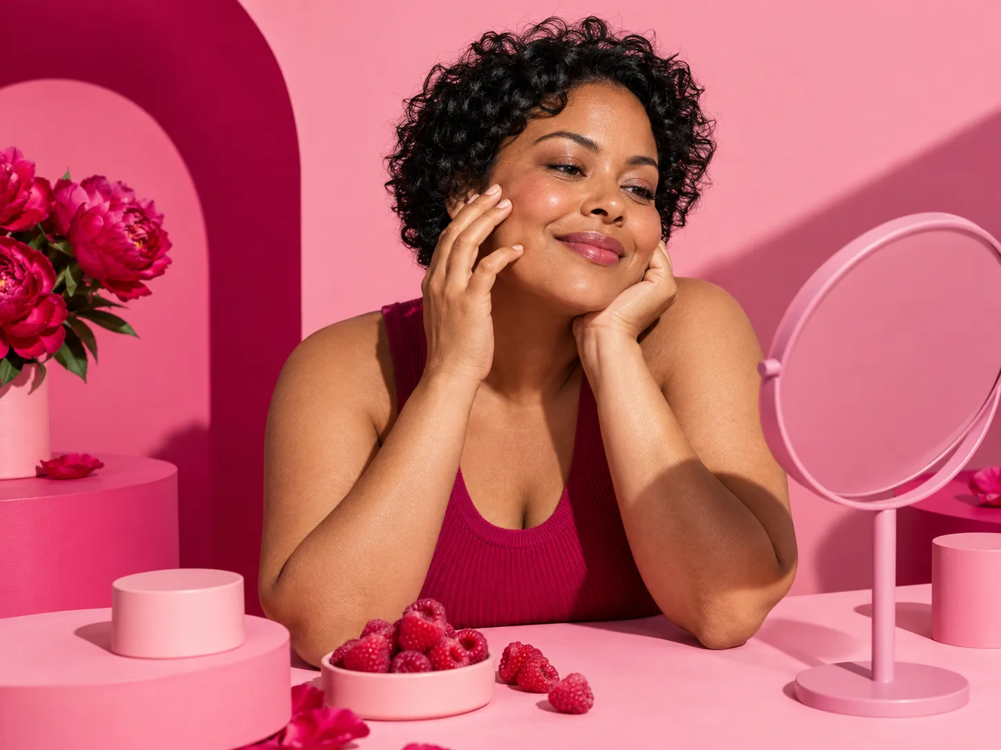 Femme aux cheveux bouclés près d’un miroir rond