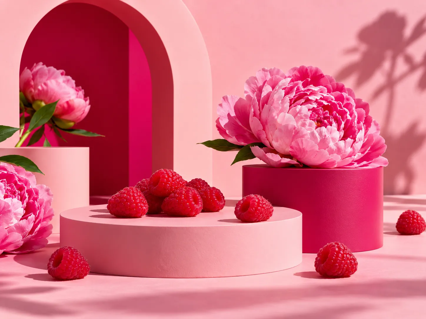 Framboises et pivoines sur des socles roses