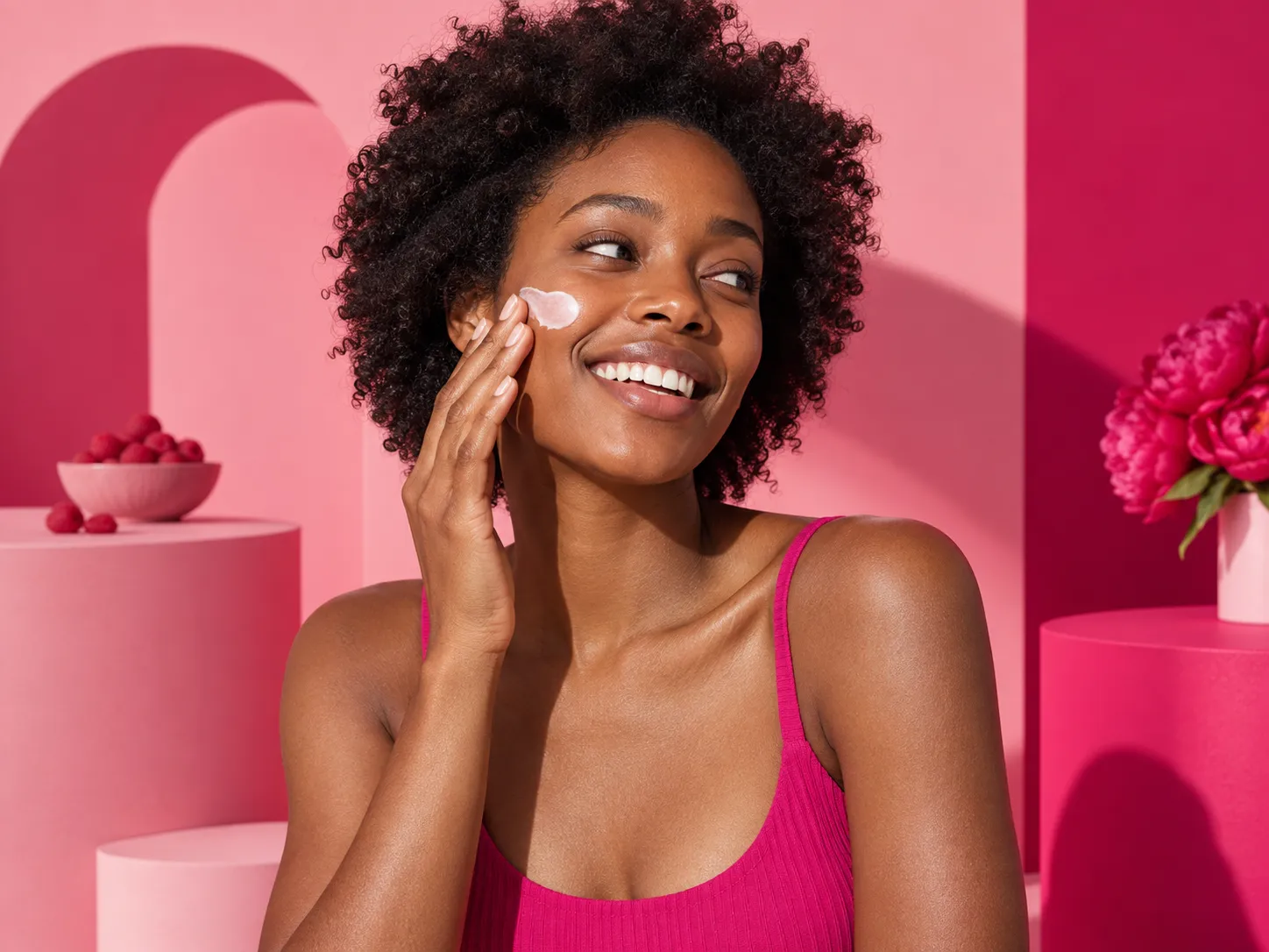 Femme appliquant une crème sur sa joue