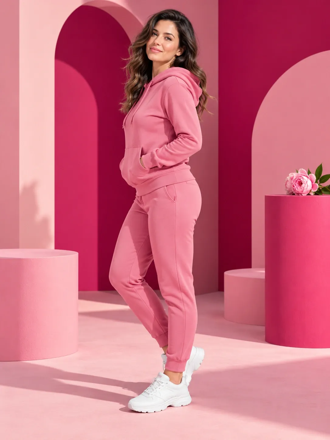 Femme en survêtement rose, debout dans un décor d’arches