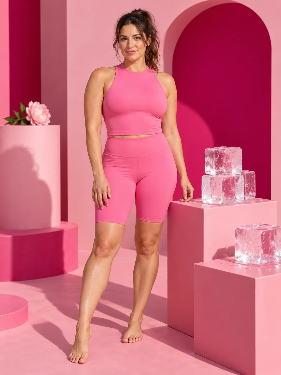 Femme en tenue de sport rose près de glaçons posés sur des socles