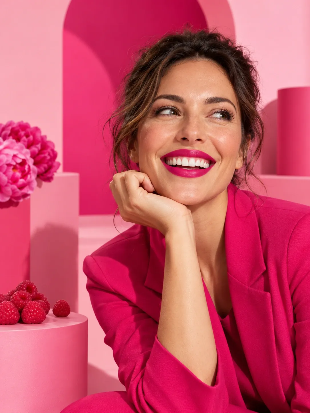 Sourire éclatant et rouge à lèvres fuchsia