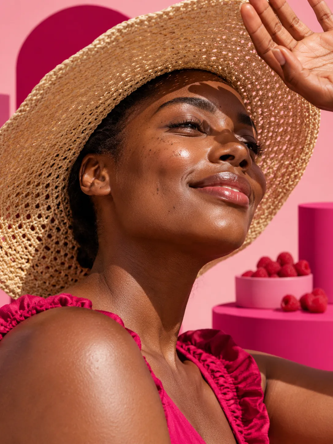 Femme à la peau foncée sous un chapeau de paille, se protégeant du soleil