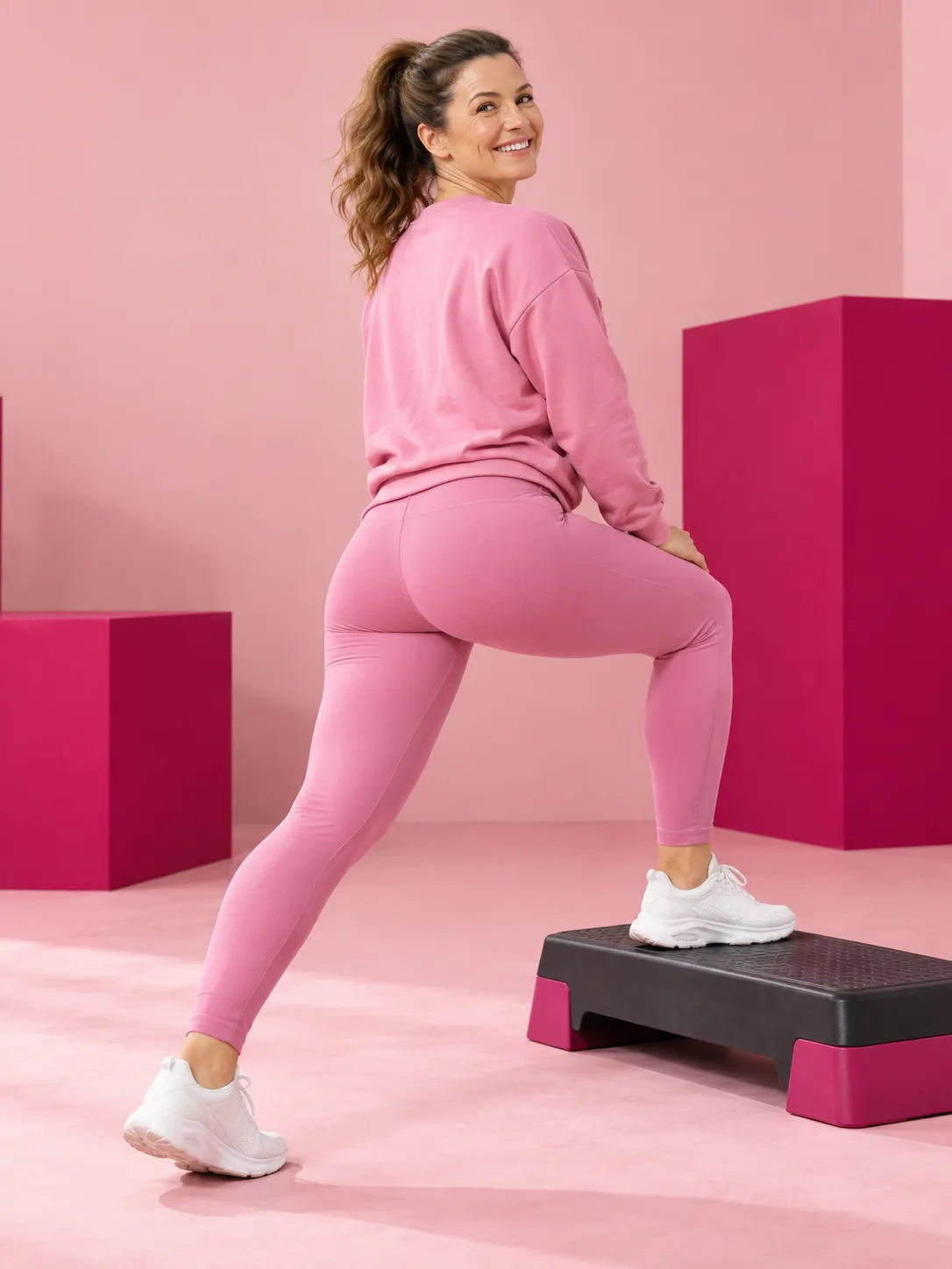 Femme de dos en legging rose, en fente sur un step