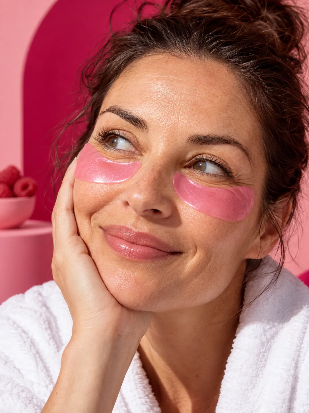 Femme souriante portant des patchs roses sous les yeux