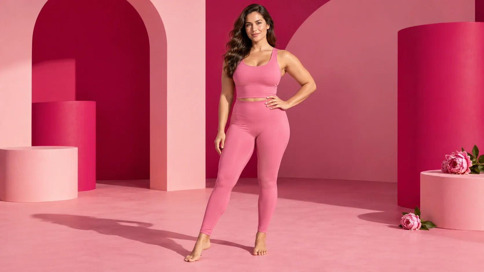 Femme en tenue de sport rose debout devant des arches