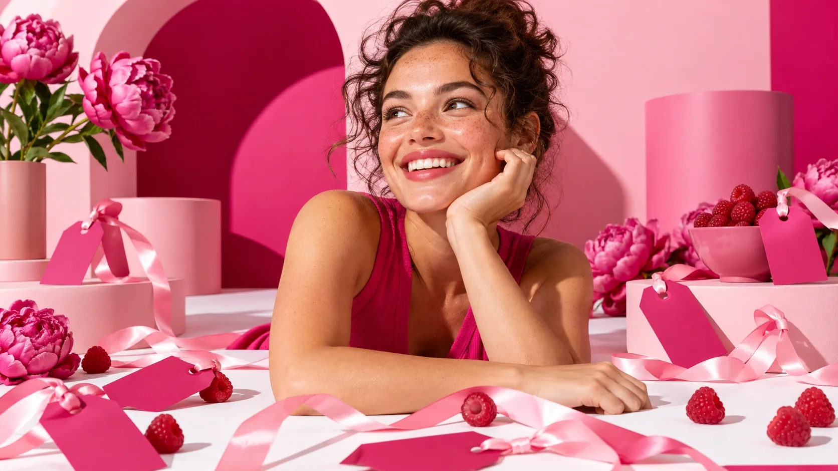 Femme souriante entourée d’étiquettes cadeaux et de rubans roses