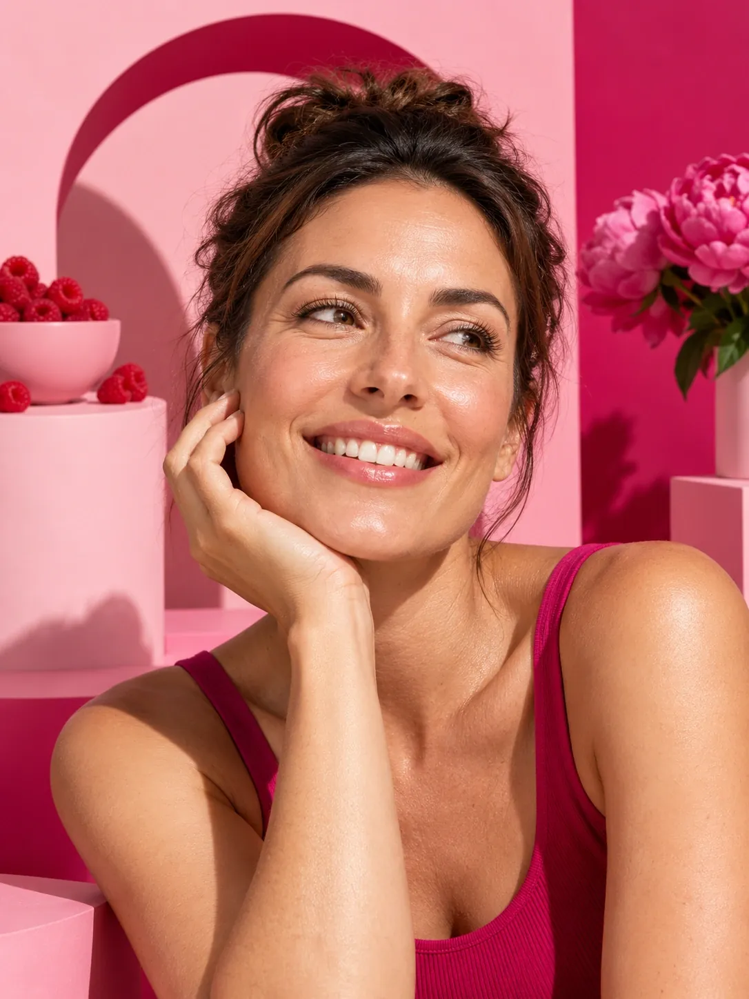 Femme au teint lumineux et unifié, main sur le visage