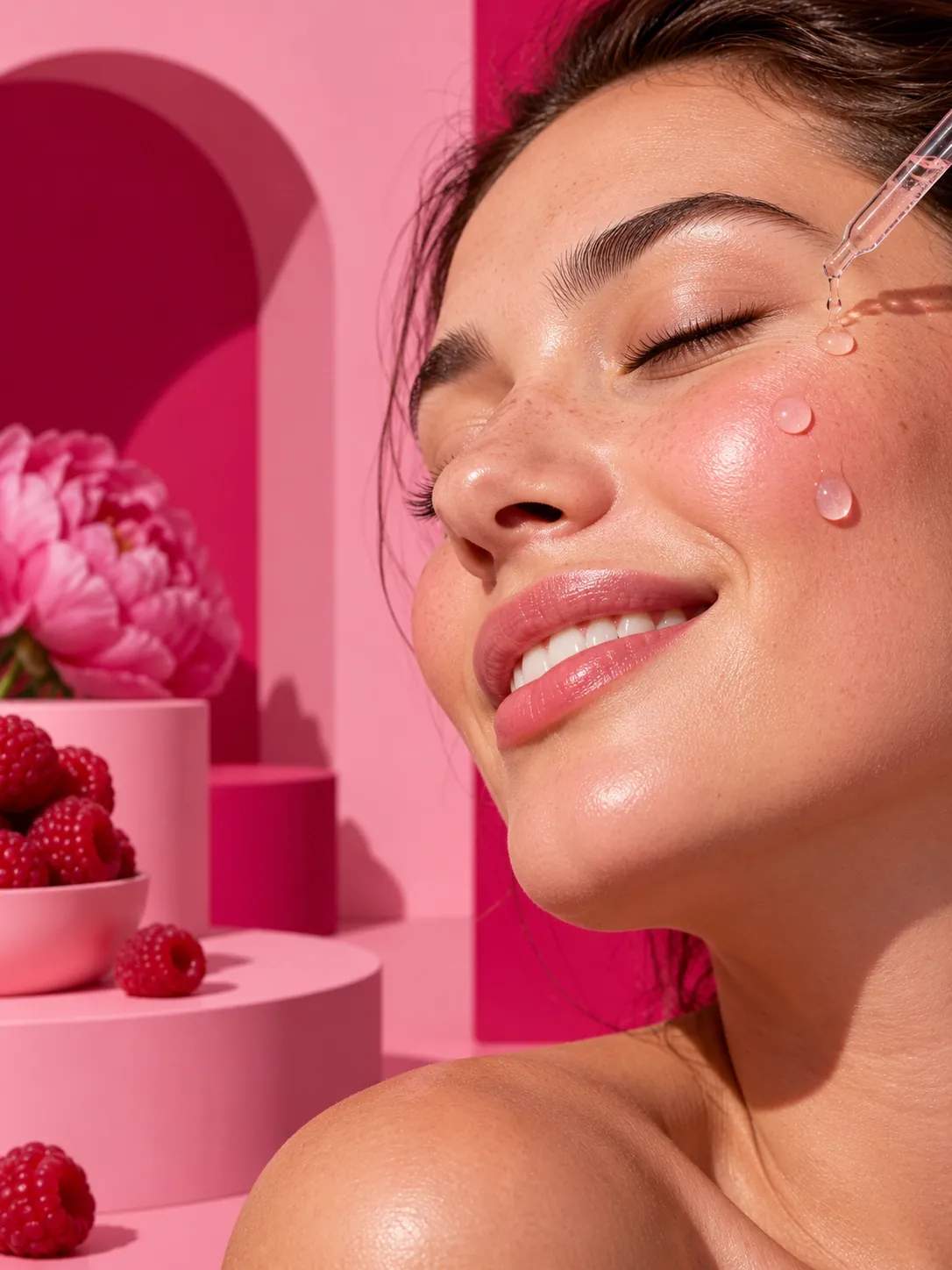 Gouttes de sérum translucides sur une peau rosée en gros plan