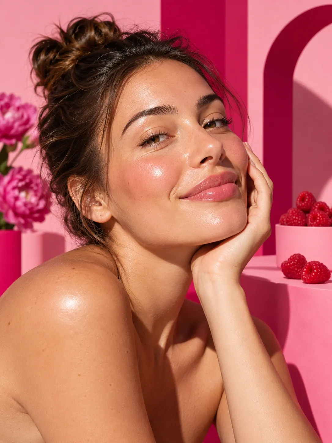 Femme au teint éclatant, souriante, main sur la joue