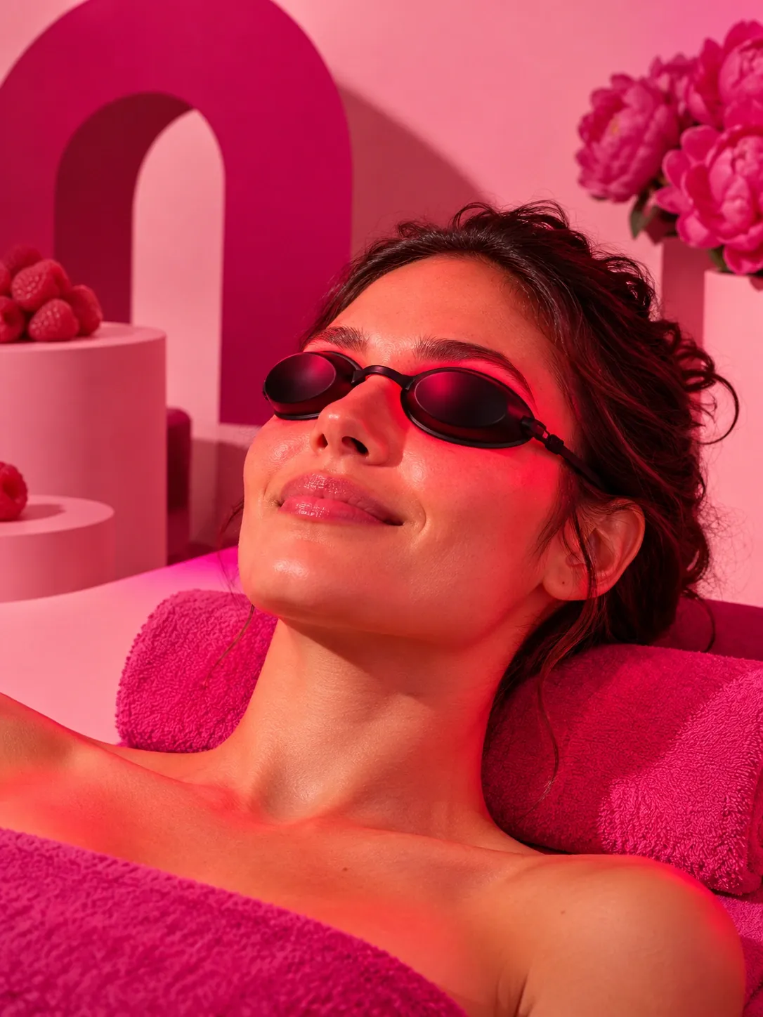 Visage détendu sous une lumière rouge et rose apaisante, lunettes de protection