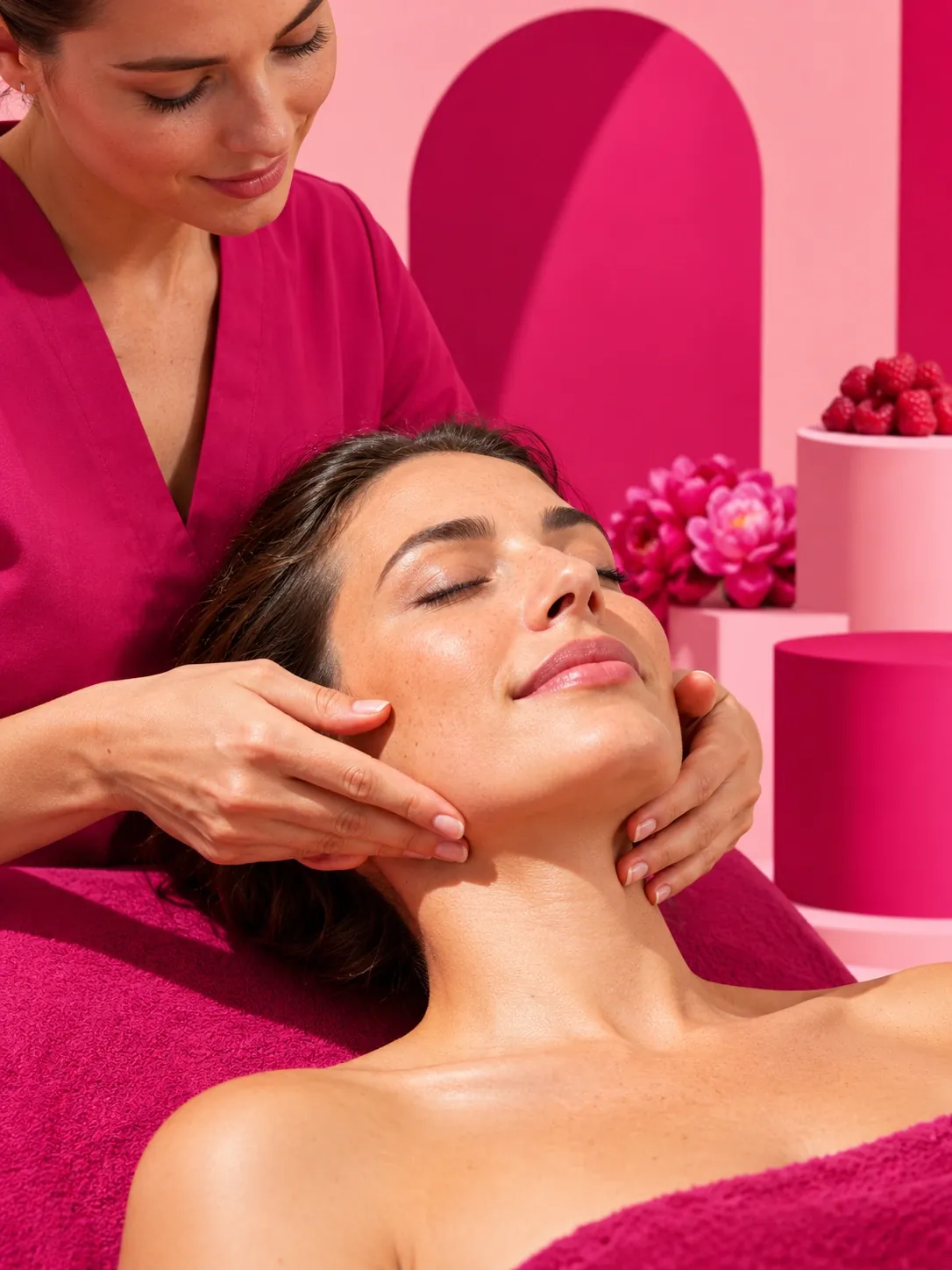 Mains d’une praticienne effleurant l’ovale du visage d’une cliente